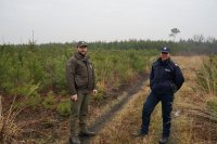 Policjantka ze strażnikiem leśnym na tle lasu podczas wspólnej akcji