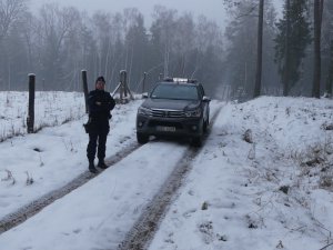 Policjantka na tle radiowozu straży leśnej na drodze w lesie