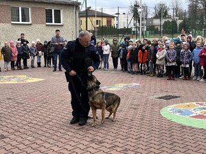 Przewodnik psa słuzbowego z komendy w Rybniku podczas pogadanki z uczniami w Rudach