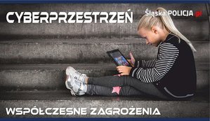 Dziewczynka z tabletem i napis cyberprzestrzeń wspólczesne zagrożenia