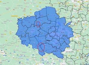 Mapa z zaznaczonymi zagrożonymi terenami