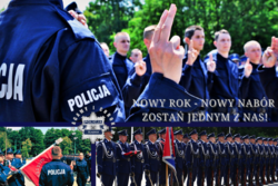 na zdjęciu policjantka trzyma ręce do przysięgi i policjanci w rzędzie