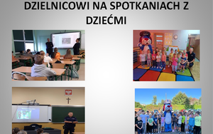 na zdjęciu slajd gdzie policjanci spotykają się z dziećmi w przedszkolach i szkołach
