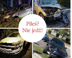 na zdjęciu cztery rozbite samochody i napis piłeś nie jedz