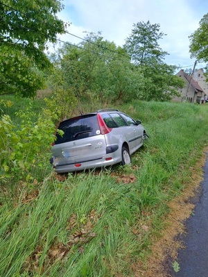 na zdjeciu peugeot wjechał do rowu