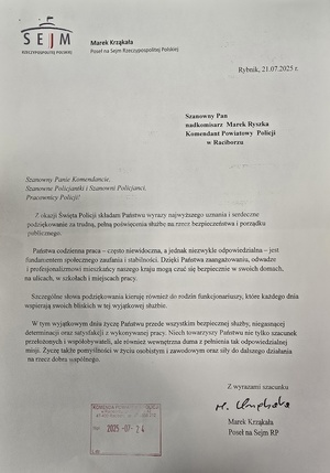 na zdjęciu list z okazji święta Policji