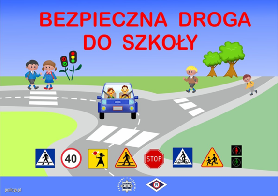 Zdjęcie kampanii bezpiecznej drogi do szkoły wskazujące na prawidłowe zachowanie w rejonach szkół i przejść dla pieszych