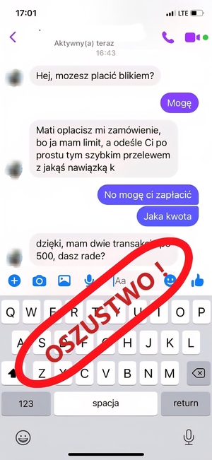 na zdjęciu wiadomość na messengerze i czerwony napis oszustwo