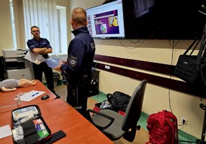 na zdjeciu policjant/ ratownik medyczny prowadzi zajęcia z funkcjonariuszami