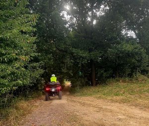na zdjęciu policjant na quadzie wjeżdża do lasu