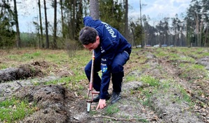 na zdjęciu komendant sadzi drzewko